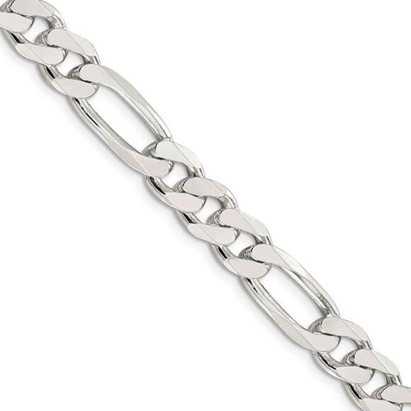 Men's 9.5mm Sterling Silver Pave Flat Figaro Chain Necklace 22 Inch